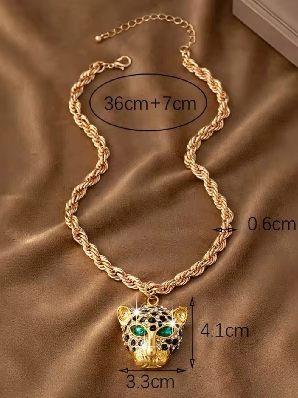 Gold Leopard Head Pendant Necklace with Green and Black Details - Picture 2 of 6